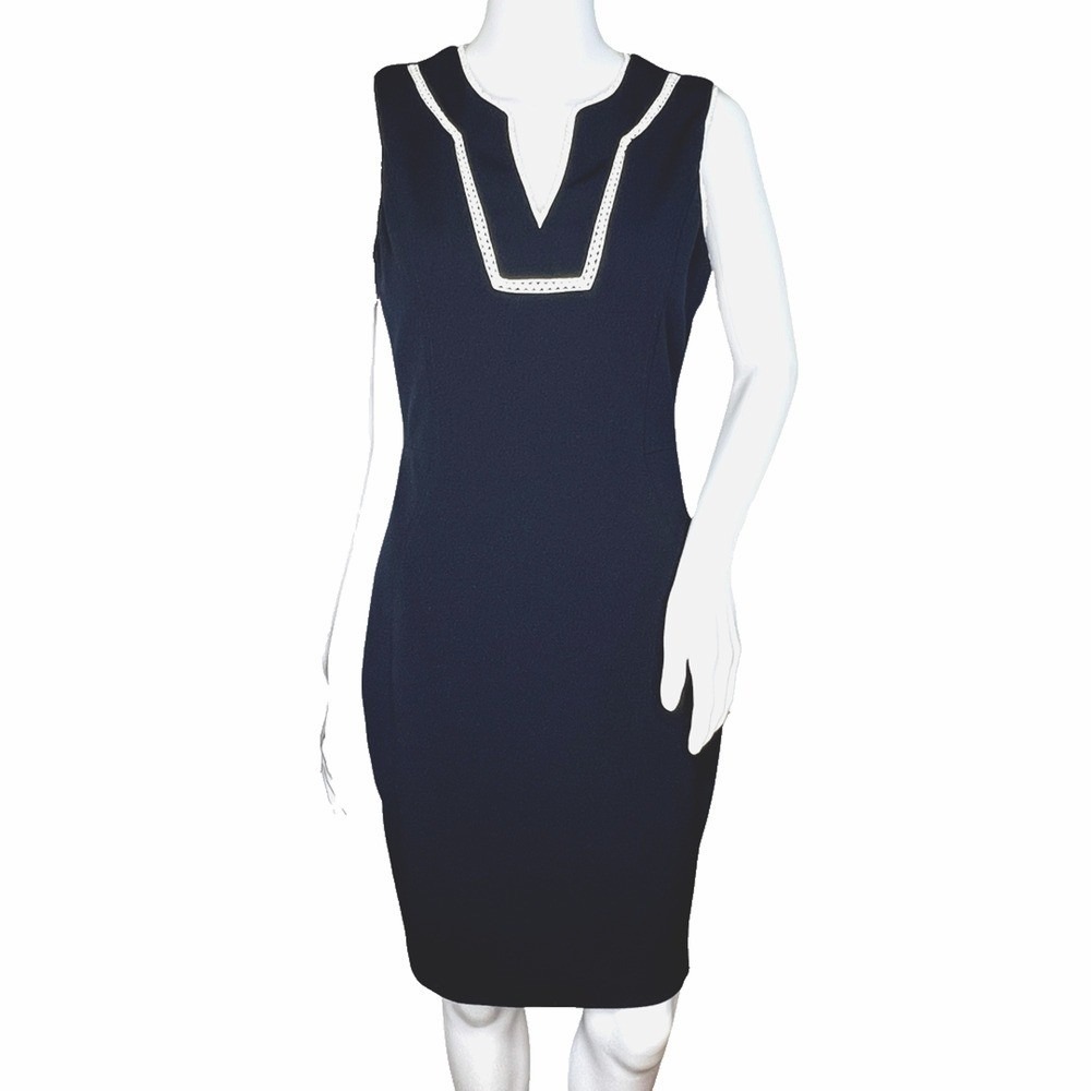 Tommy Hilfiger Dress Womens 4 Navy Blue Preppy Sheath Scalloped Trim Sleeveless